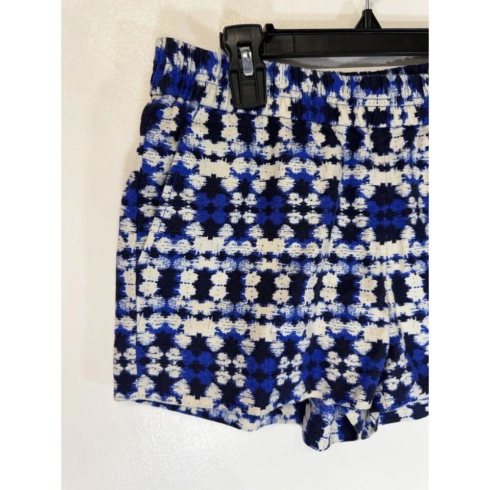 J Crew Women Boardwalk Elastic Pull On Shorts  Geometrc Multi Blue LINEN BLEND 2